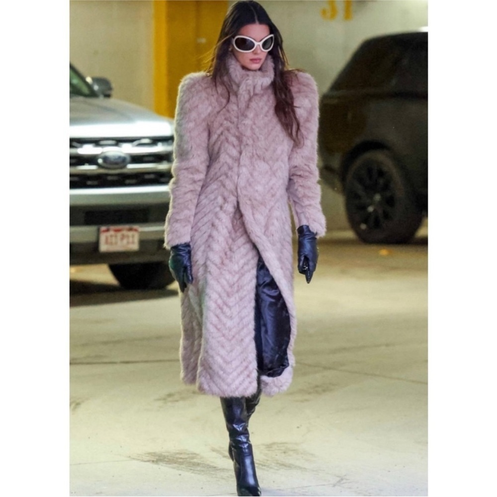 Balenciaga faux fur round shoulder fitted coat in beige seen on Kendall Jenner